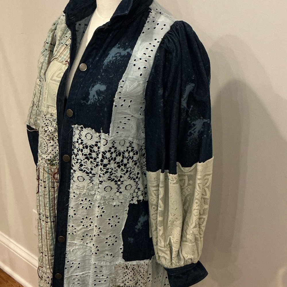 Patchwork Denim Long Coat With Button Front For A… - image 3